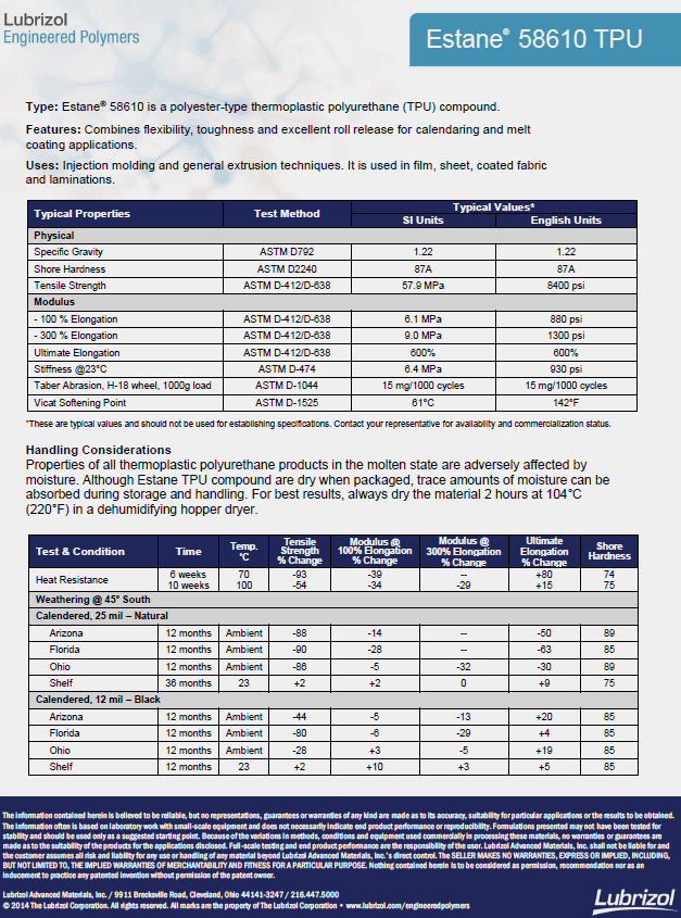 Lubrizol路博润TPU Estane 58610物性表