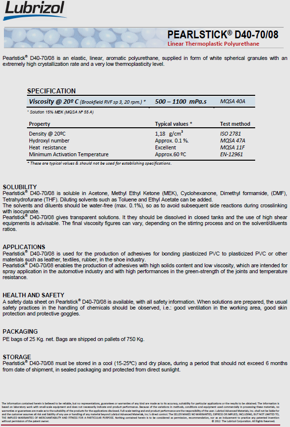 Lubrizol Merquinsa Pearlstick D40-70／08 TPU物性表