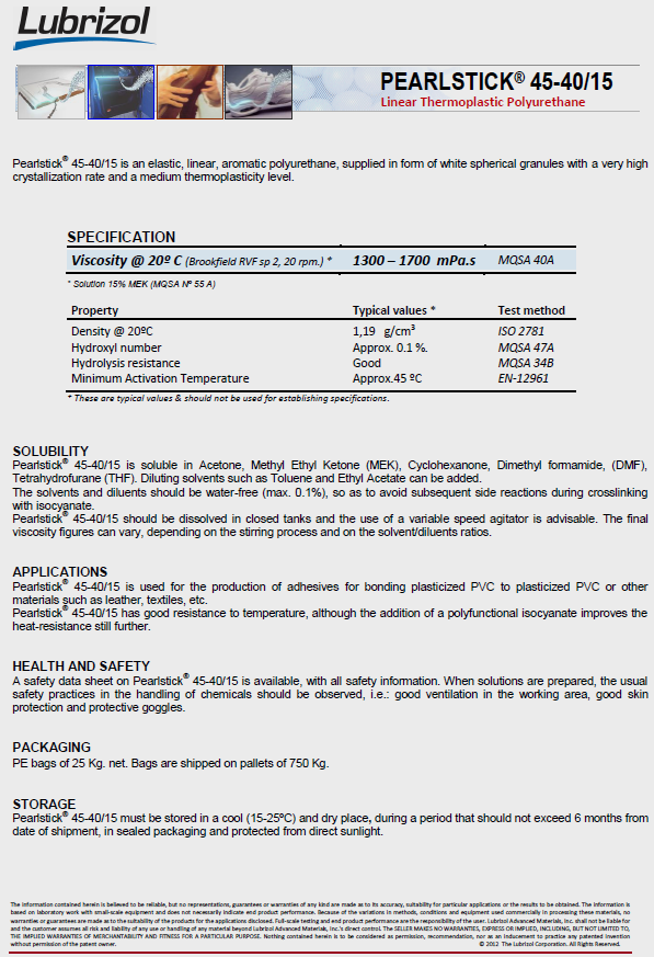 Lubrizol Merquinsa Pearlstick 45-40／15 TPU物性表