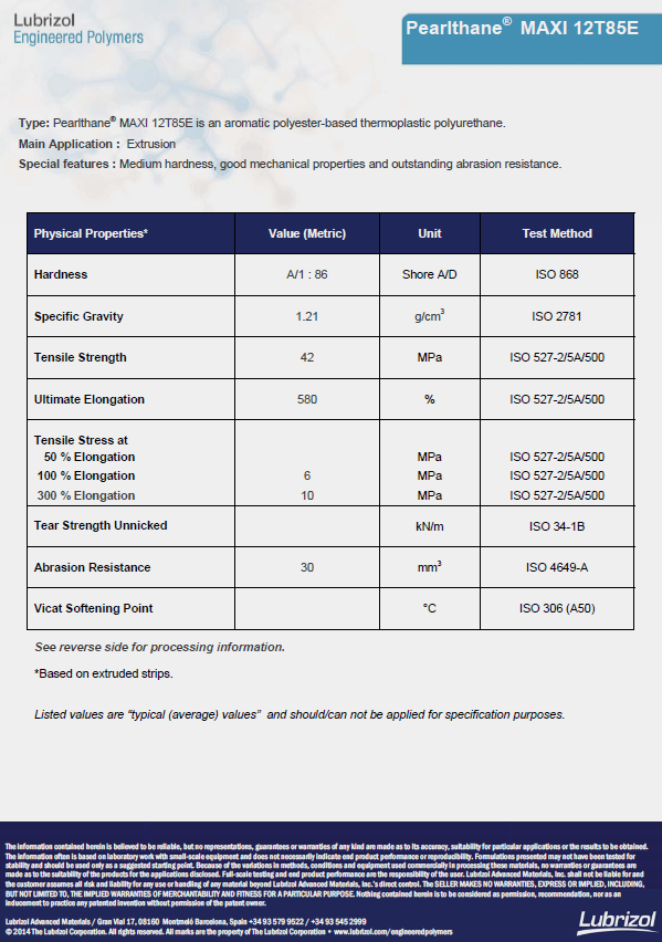 Lubrizol Merquinsa Pearlthane MAXI 12T85E TPU物性表