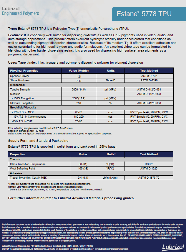 Lubrizol路博润TPU Estane 5778物性表