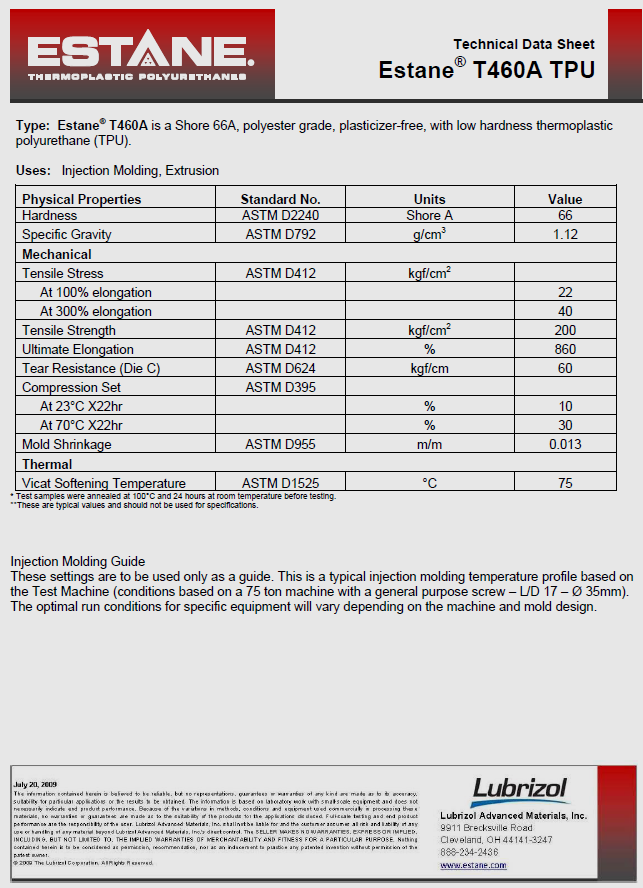 路博润Lubrizol诺誉TPU Estane T460A物性表