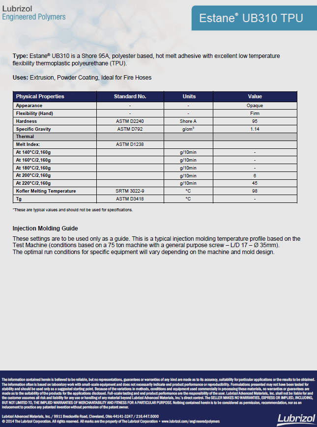 路博润Lubrizol诺誉TPU Estane UB310物性表