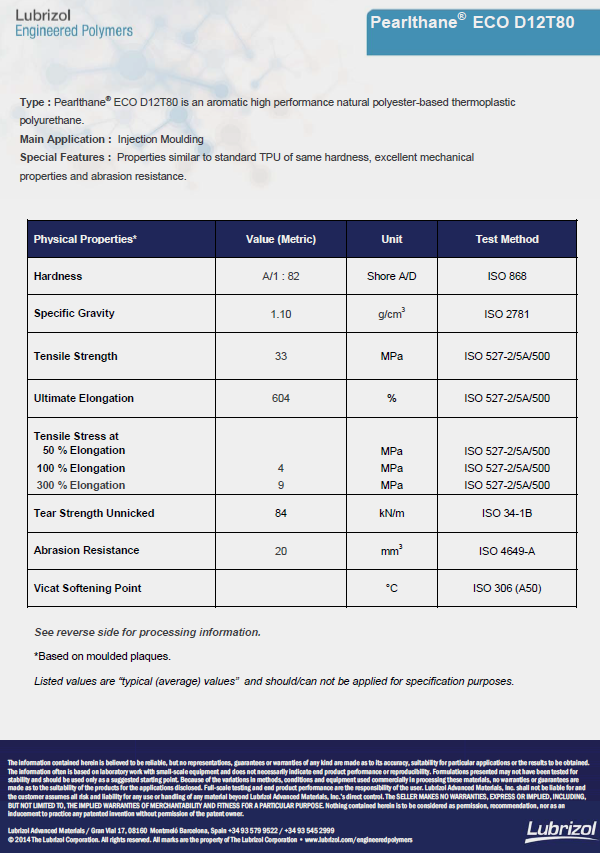 Lubrizol Merquinsa Pearlthane ECO D12T80 TPU物性表