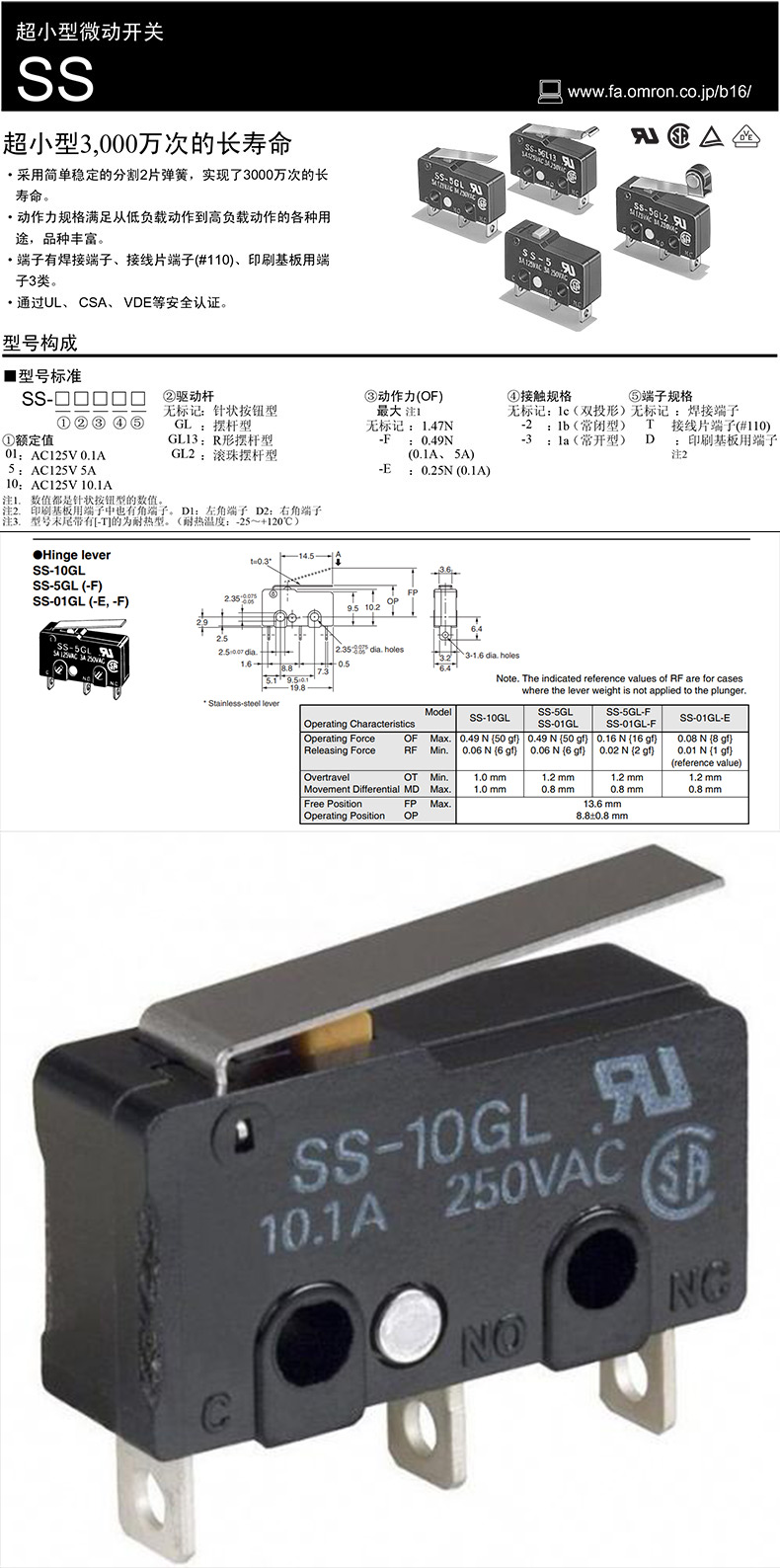 SS-10GL,欧姆龙,欧姆龙微动开关,微型开关,芯斐洋电子,继电器,芯片,电子元器件