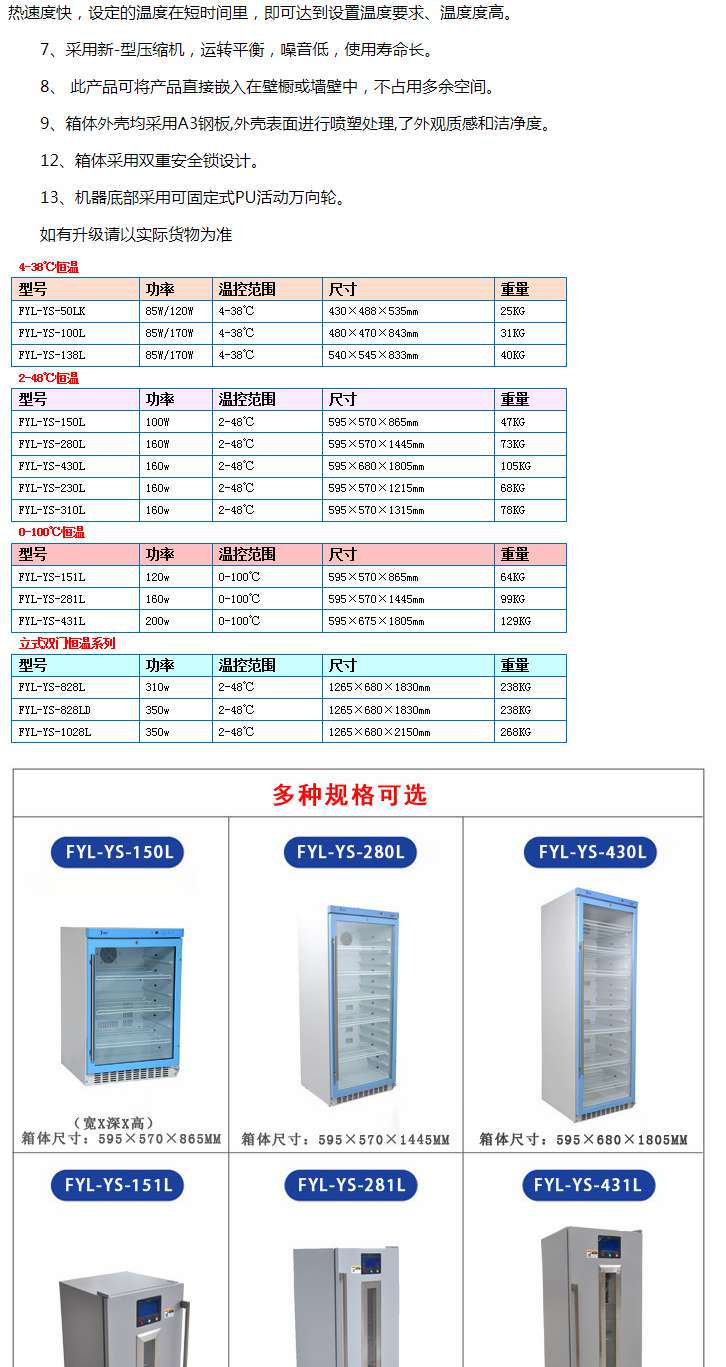 福意联国产医用保温柜FYL-YS-280L洁净手术室嵌入使用