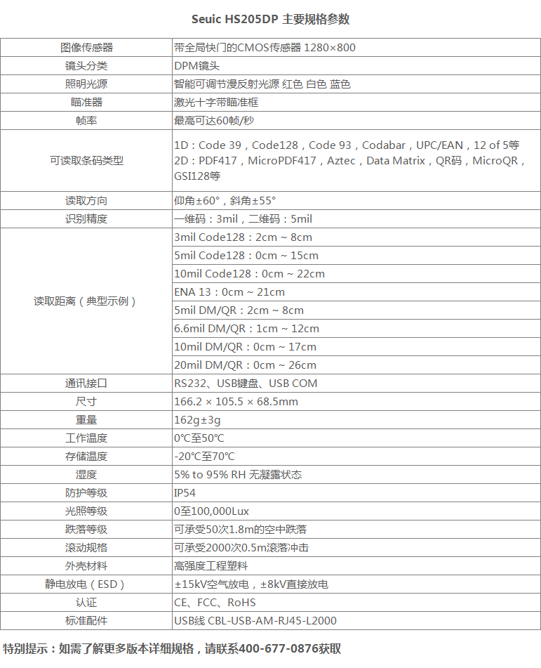 Seuic HS205DP主要规格参数